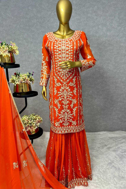 Faux Georgette Kesh227 1015 Suits & Dresses  Sharara Salwar Embroidery Georgette Party Wear Orange Salwar Suits