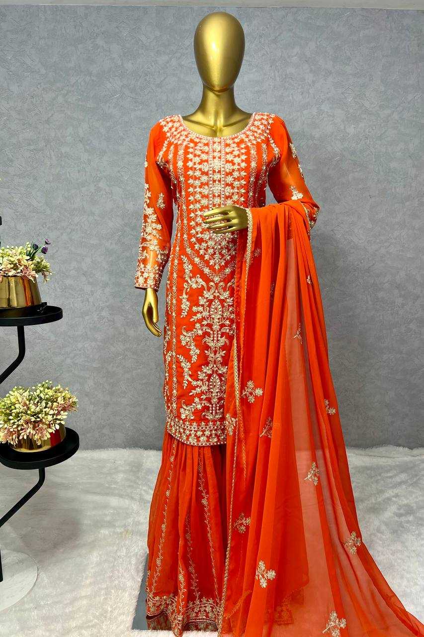 Faux Georgette Kesh227 1015 Suits & Dresses  Sharara Salwar Embroidery Georgette Party Wear Orange Salwar Suits