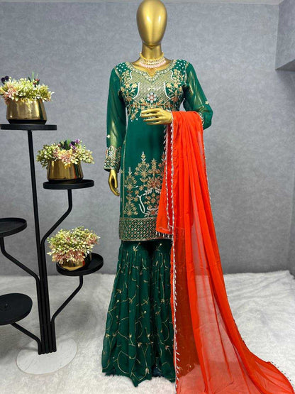 Faux Georgette Kesh227 1021 Suits & Dresses  Sharara Salwar Embroidery Georgette Party Wear Green Salwar Suits