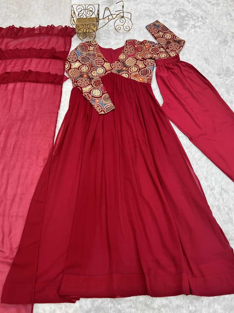 Faux Georgette Kesh229 39 Gowns  Embroidered Anarkali Long Georgette Full Sleeve Red Gowns