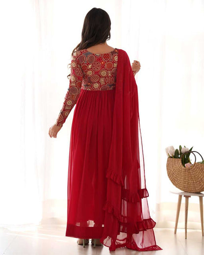 Faux Georgette Kesh229 39 Gowns  Embroidered Anarkali Long Georgette Full Sleeve Red Gowns