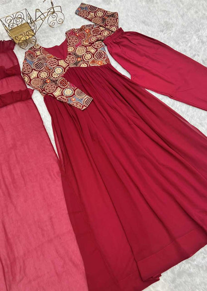 Faux Georgette Kesh229 39 Gowns  Embroidered Anarkali Long Georgette Full Sleeve Red Gowns