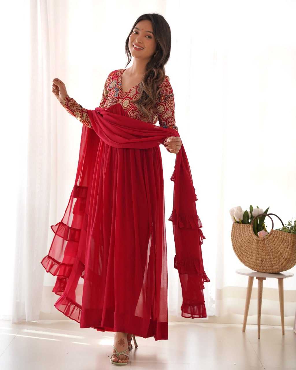 Faux Georgette Kesh229 39 Gowns  Embroidered Anarkali Long Georgette Full Sleeve Red Gowns