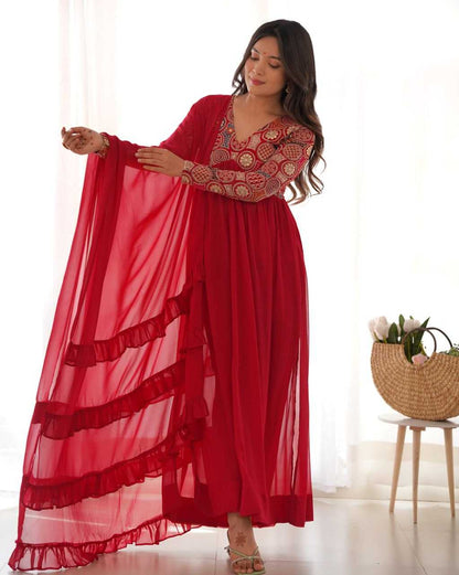 Faux Georgette Kesh229 39 Gowns  Embroidered Anarkali Long Georgette Full Sleeve Red Gowns