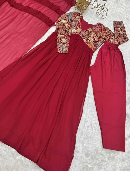 Faux Georgette Kesh229 39 Gowns  Embroidered Anarkali Long Georgette Full Sleeve Red Gowns