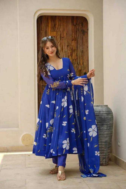 Faux Georgette Kesh240 382 Gowns  Georgette Anarkali Blue Printed Gowns