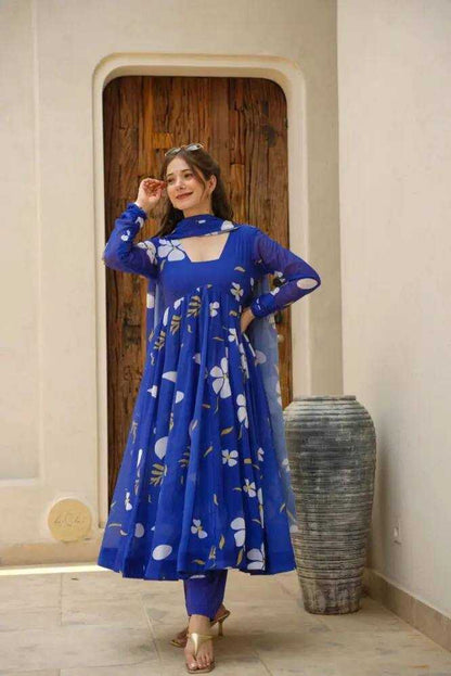 Faux Georgette Kesh240 382 Gowns  Georgette Anarkali Blue Printed Gowns