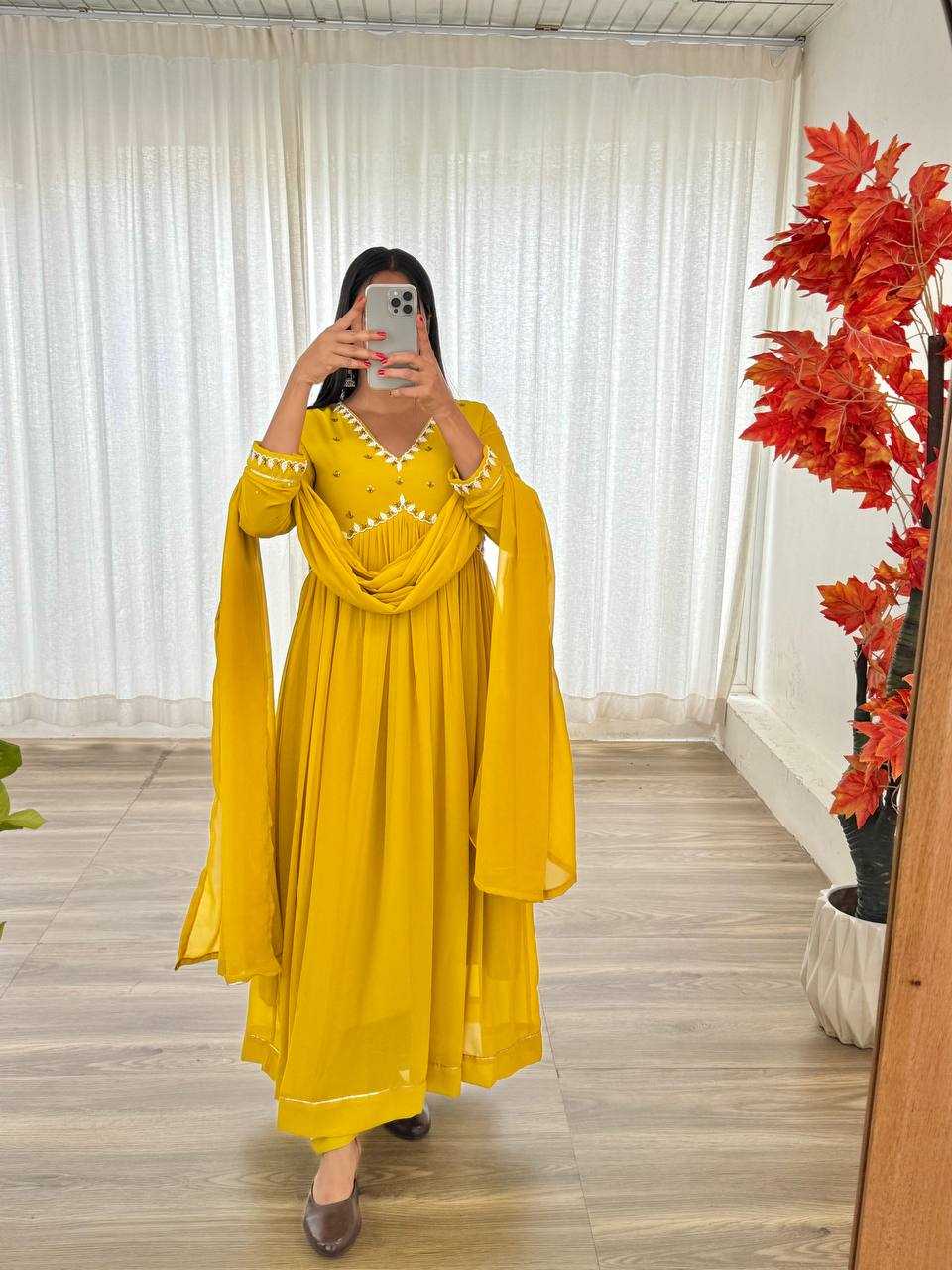 Faux Georgette Kesh240 407 Gowns  Anarkali Georgette Haldi Outfits Gowns