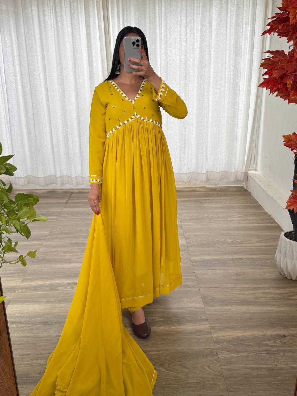 Faux Georgette Kesh240 407 Gowns  Anarkali Georgette Haldi Outfits Gowns