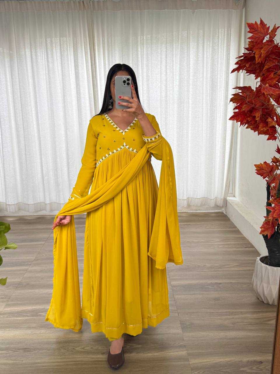 Faux Georgette Kesh240 407 Gowns  Anarkali Georgette Haldi Outfits Gowns