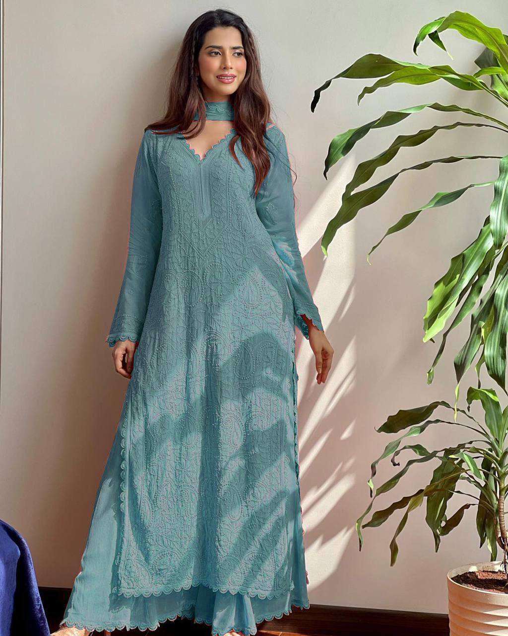 Faux Georgette Rin110 170  Ladies Embroidery Palazzo Georgette Ladies Silk Suit