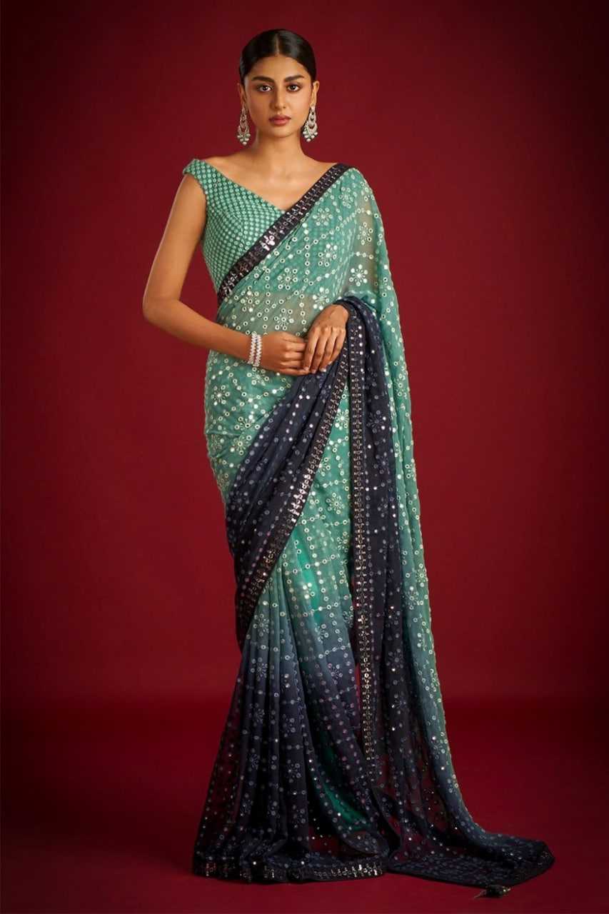 Faux Georgette Rin131 140 Sarees  Georgette Sequence Half Work Embroidered Sarees