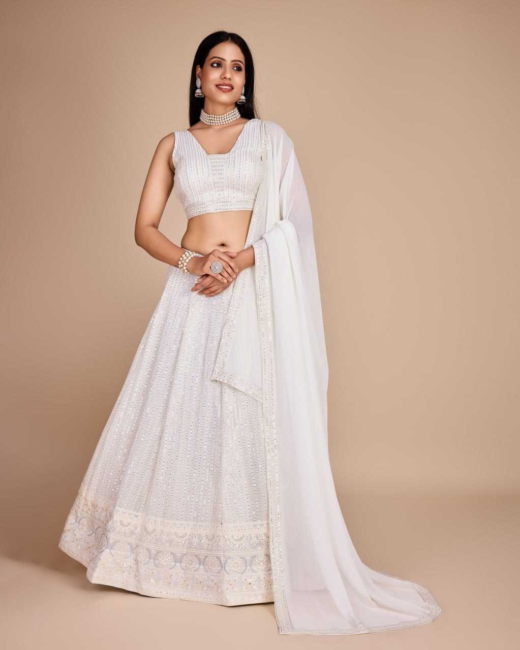 Faux Georgette Rin131 2230 Lehengas  White Wedding Embroidered Georgette Lehengas