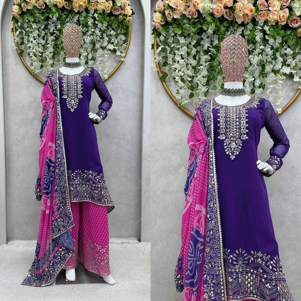 Faux Georgette Rin133 1426 Suits & Dresses  Ladies Embroidery Palazzo Georgette Weddign Suits