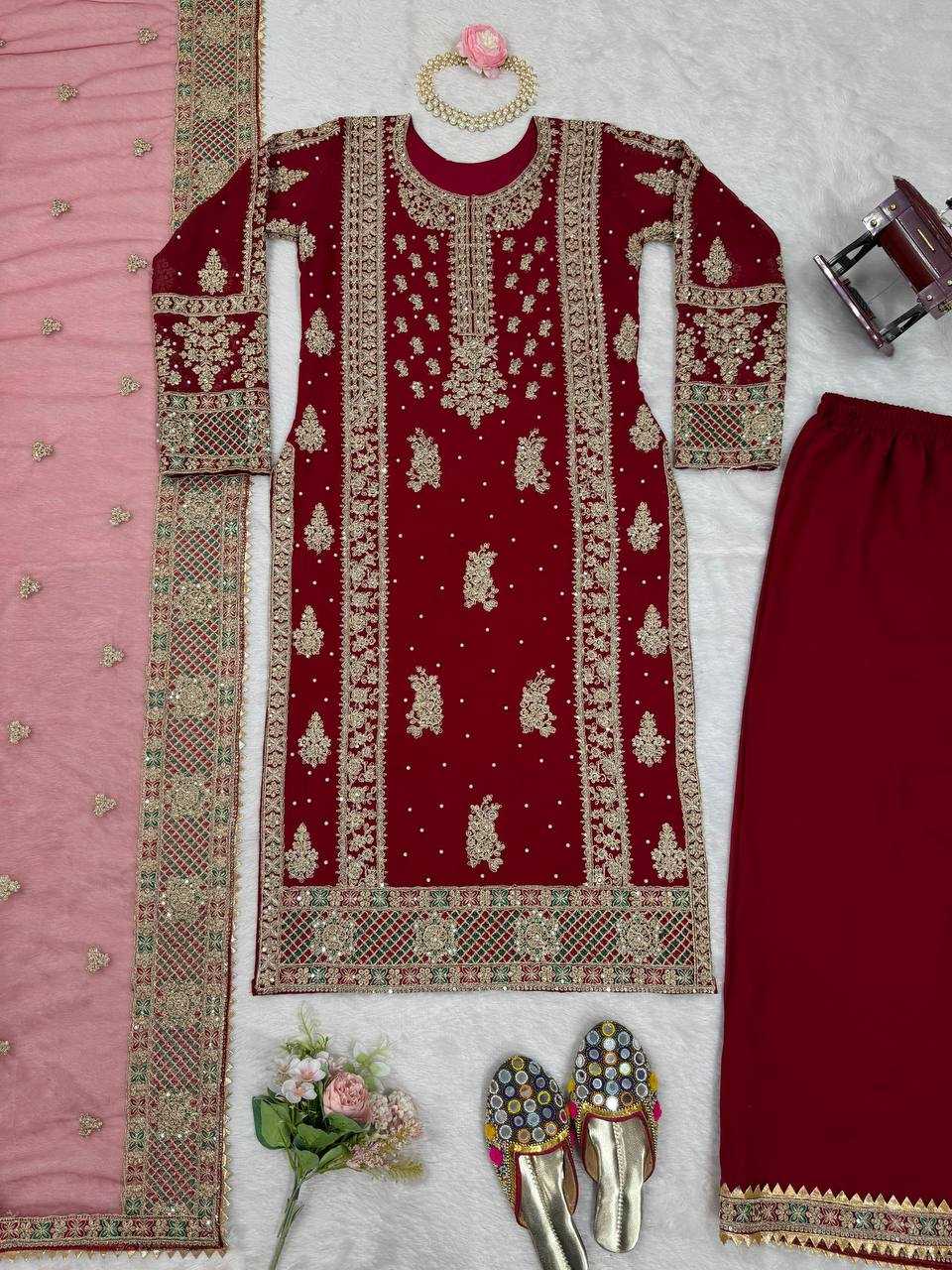 Faux Georgette Rin133 1487 Suits & Dresses  Georgette Maroon Salwar Palazzo Suits