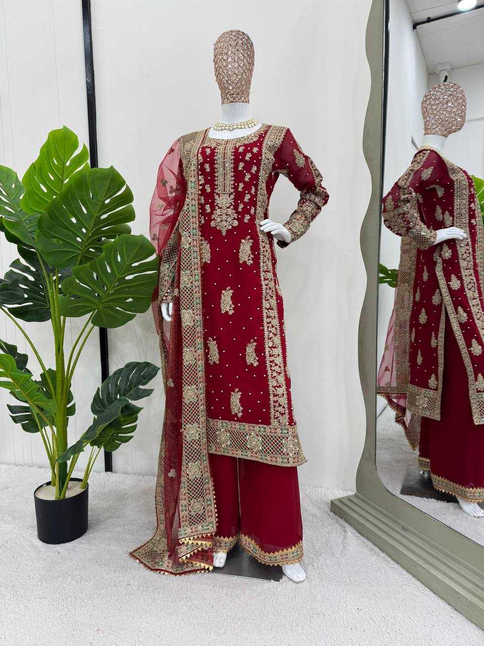 Faux Georgette Rin133 1487 Suits & Dresses  Georgette Maroon Salwar Palazzo Suits