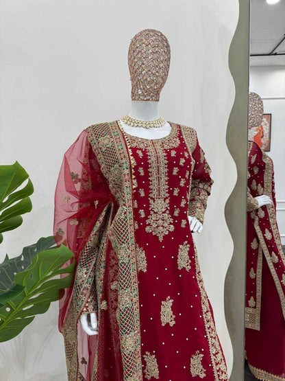 Faux Georgette Rin133 1487 Suits & Dresses  Georgette Maroon Salwar Palazzo Suits