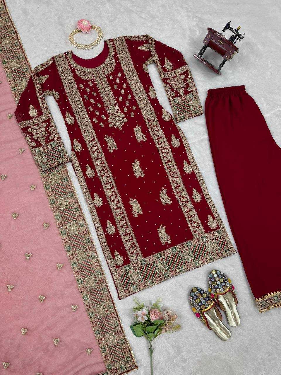 Faux Georgette Rin133 1487 Suits & Dresses  Georgette Maroon Salwar Palazzo Suits