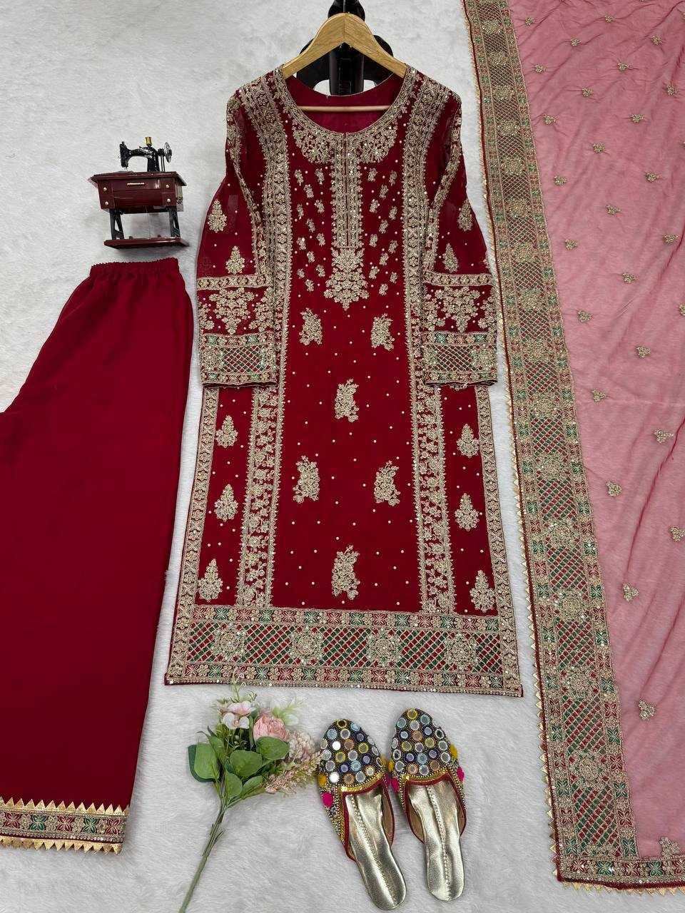 Faux Georgette Rin133 1487 Suits & Dresses  Georgette Maroon Salwar Palazzo Suits