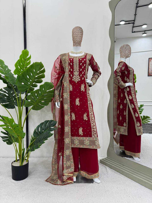 Faux Georgette Rin133 1487 Suits & Dresses  Georgette Maroon Salwar Palazzo Suits