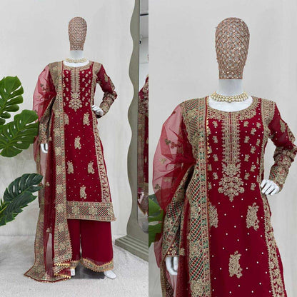 Faux Georgette Rin133 1487 Suits & Dresses  Georgette Maroon Salwar Palazzo Suits