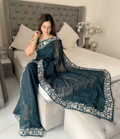 Faux Georgette Rin187 627 Sarees  Georgette Sequence Embroidered Lace Border Sarees