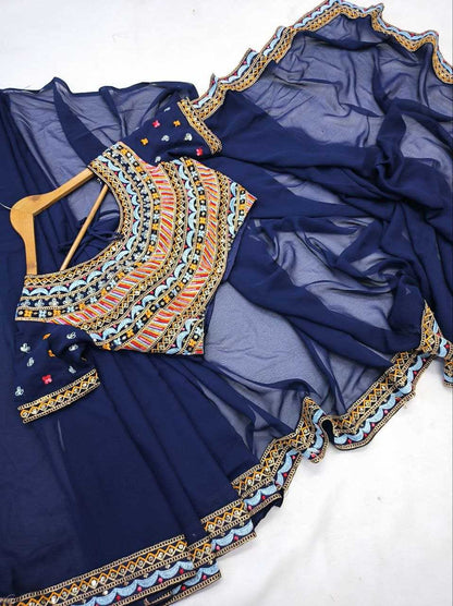 Georette Kesh188 9123 Sarees  Ready To Wear Georgette Pre Draped Lace Border Sarees With Blouse Blue Sarees