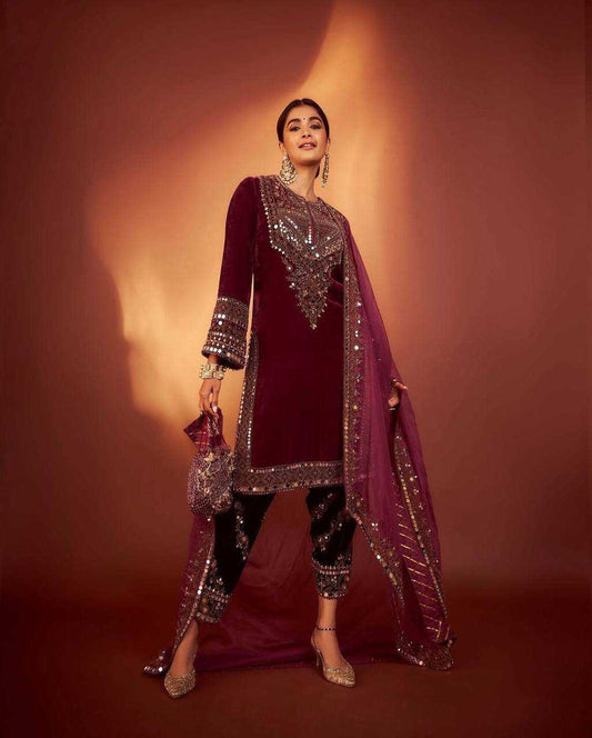 Georgette Kesh151 1317 Suits & Dresses Islamic Clothing  Georgette Embroidered Ladies Silk Pakistani Velvet Suits