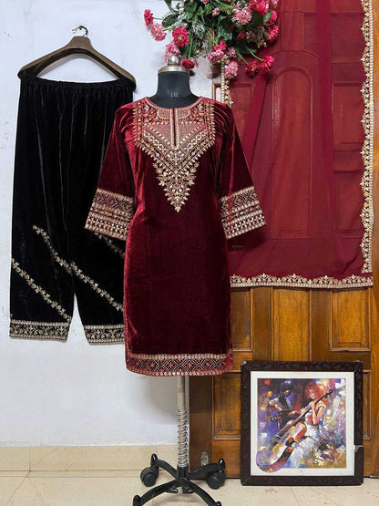 Georgette Kesh151 1317 Suits & Dresses Islamic Clothing  Georgette Embroidered Ladies Silk Pakistani Velvet Suits