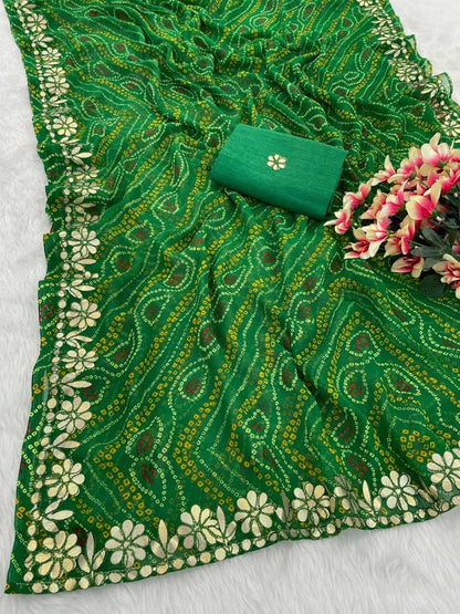 Georgette Kesh155 Gota Patti Sarees  Gota Patti Georgette Viscose Bandhani Bandhej Sarees