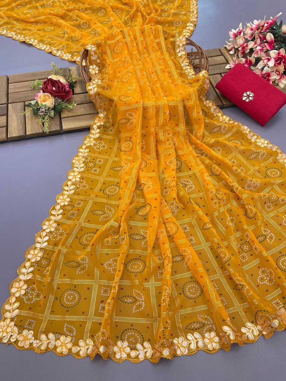 Georgette Kesh155 Stb02 Sarees  Printed Georgette Hand Work Gota Paati Viscose Sarees