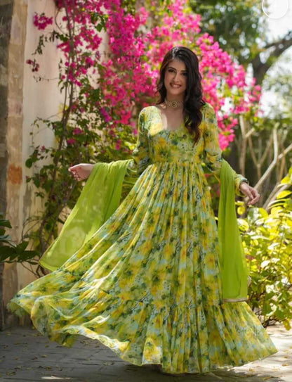 Georgette Kesh175  Pista Flower Gowns  Georgette Anarkali Long Printed Gowns