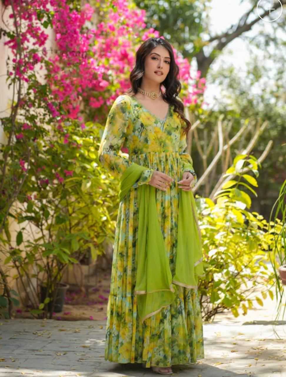 Georgette Kesh175  Pista Flower Gowns  Georgette Anarkali Long Printed Gowns