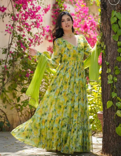 Georgette Kesh175  Pista Flower Gowns  Georgette Anarkali Long Printed Gowns