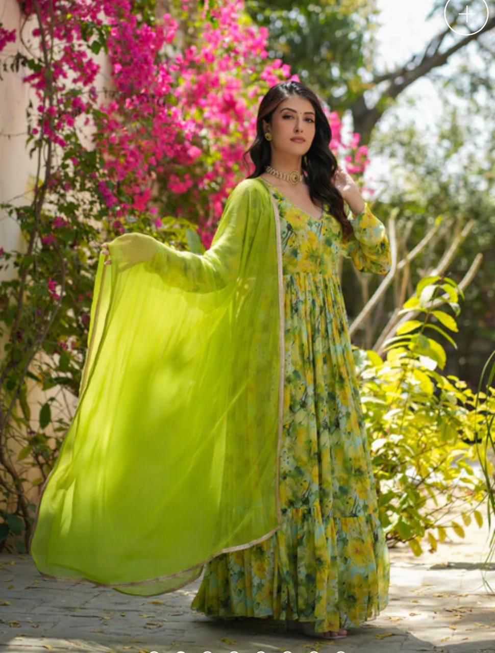 Georgette Kesh175  Pista Flower Gowns  Georgette Anarkali Long Printed Gowns