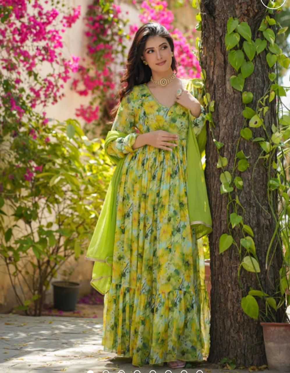 Georgette Kesh175  Pista Flower Gowns  Georgette Anarkali Long Printed Gowns