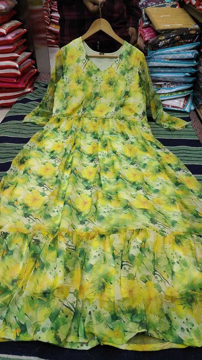 Georgette Kesh175  Pista Flower Gowns  Georgette Anarkali Long Printed Gowns