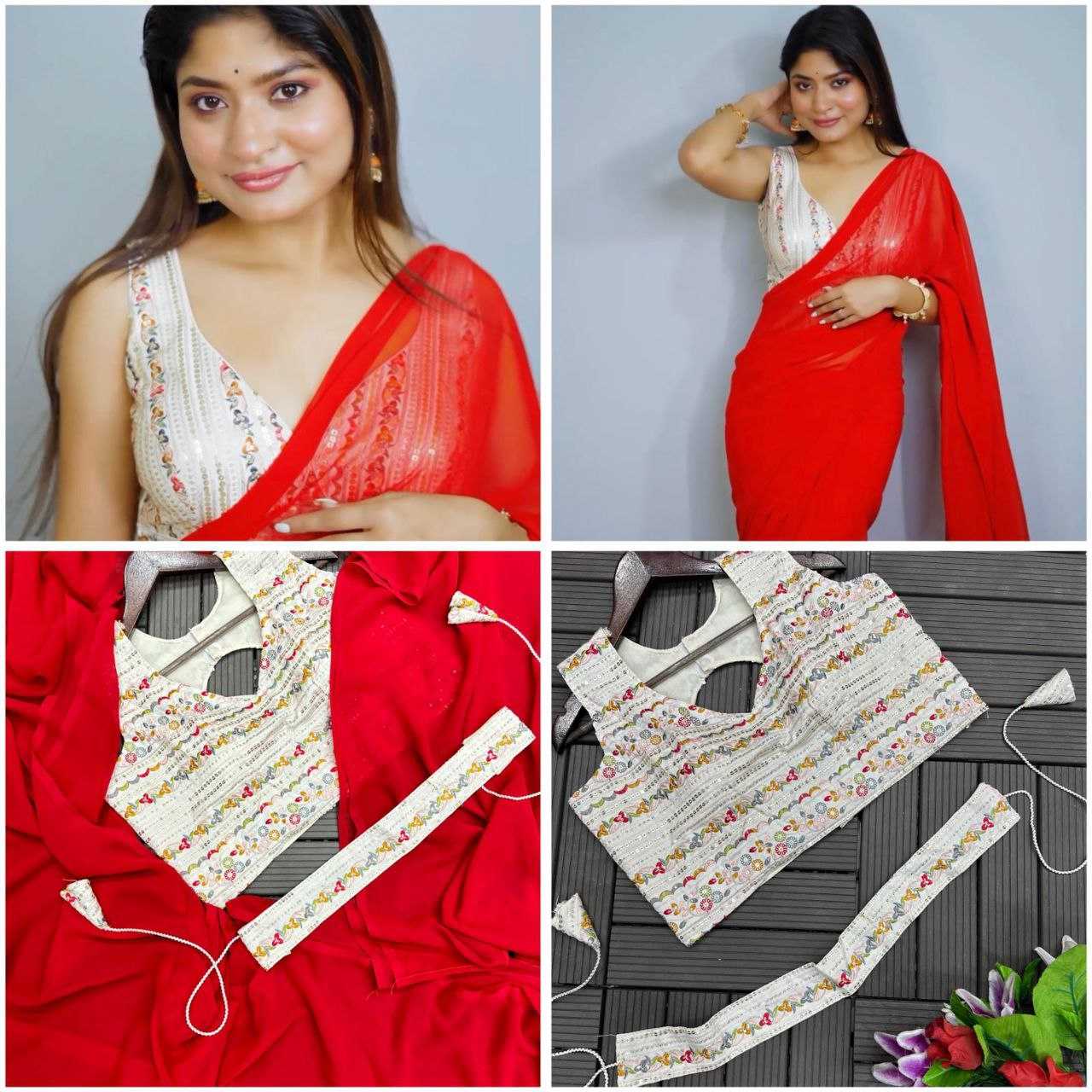 Georgette Kesh176 115 Sarees  Georgette Plain Solid Saree With Belt Red Sarees With Blouse