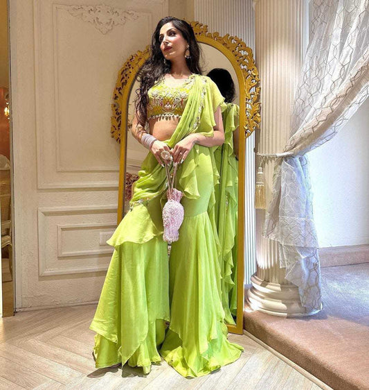 Georgette Kesh188 9063 Sarees  Ready To Wear Georgette Pre Draped Embroidered Saree With Blouse Green Sarees