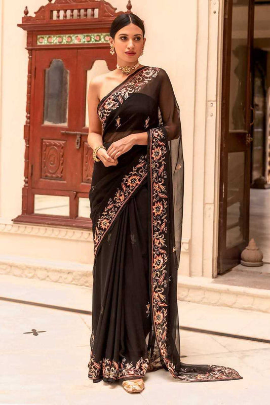 Georgette Kesh188 9139 Sarees  Georgette Lace Border Black Silk Sarees