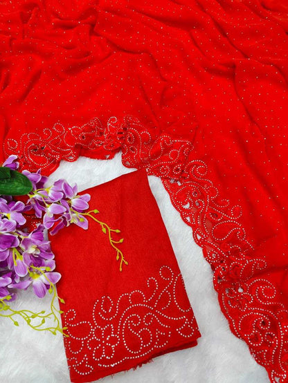 Georgette Kesh199 855 Sarees  Designer Party Cutwork Red Sarees