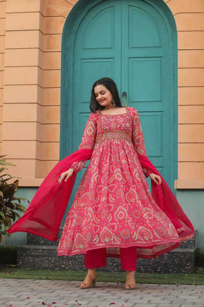 Georgette Kesh211 Ldy26 Gowns  Printed Embroidery Anarkali Long Georgette Pink Gowns