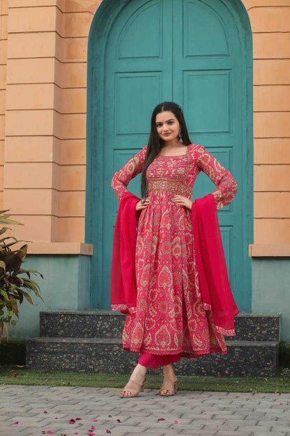 Georgette Kesh211 Ldy26 Gowns  Printed Embroidery Anarkali Long Georgette Pink Gowns