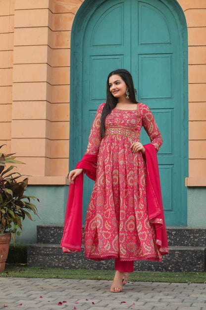 Georgette Kesh211 Ldy26 Gowns  Printed Embroidery Anarkali Long Georgette Pink Gowns