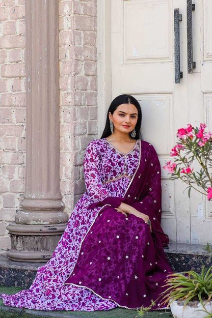 Georgette Kesh211 Ldy28 Gowns  Printed Embroidery Anarkali Long Purple Gowns