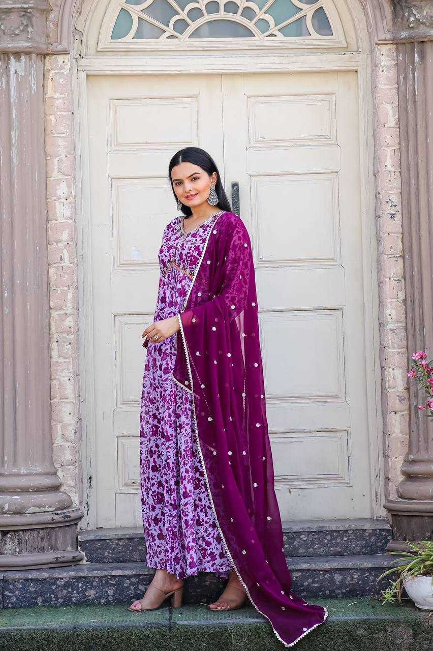 Georgette Kesh211 Ldy28 Gowns  Printed Embroidery Anarkali Long Purple Gowns