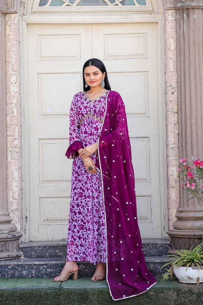 Georgette Kesh211 Ldy28 Gowns  Printed Embroidery Anarkali Long Purple Gowns