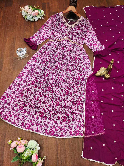 Georgette Kesh211 Ldy28 Gowns  Printed Embroidery Anarkali Long Purple Gowns