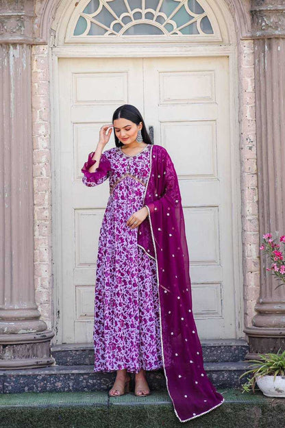 Georgette Kesh211 Ldy28 Gowns  Printed Embroidery Anarkali Long Purple Gowns