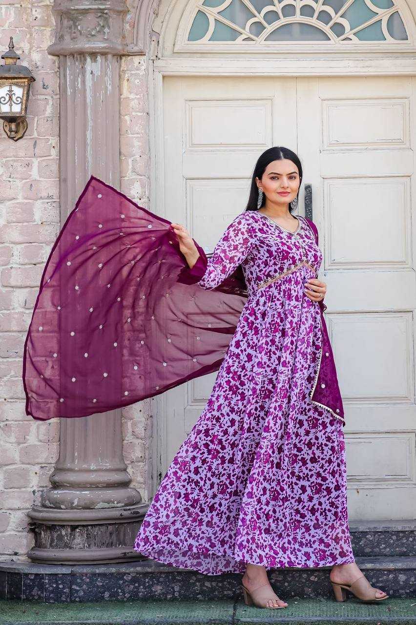 Georgette Kesh211 Ldy28 Gowns  Printed Embroidery Anarkali Long Purple Gowns